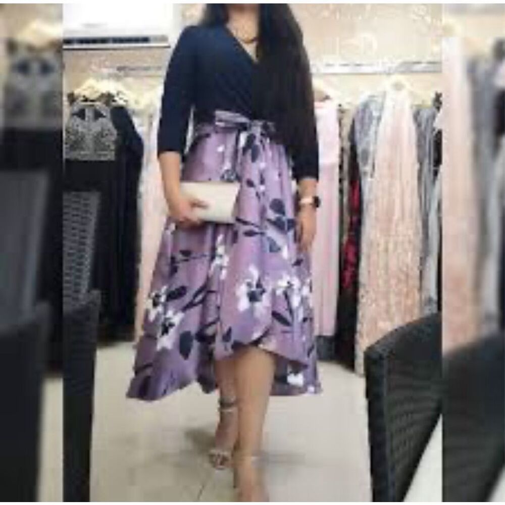 R&M Richards Navy/Purple Floral High Low Wrap formal Dress Size 8